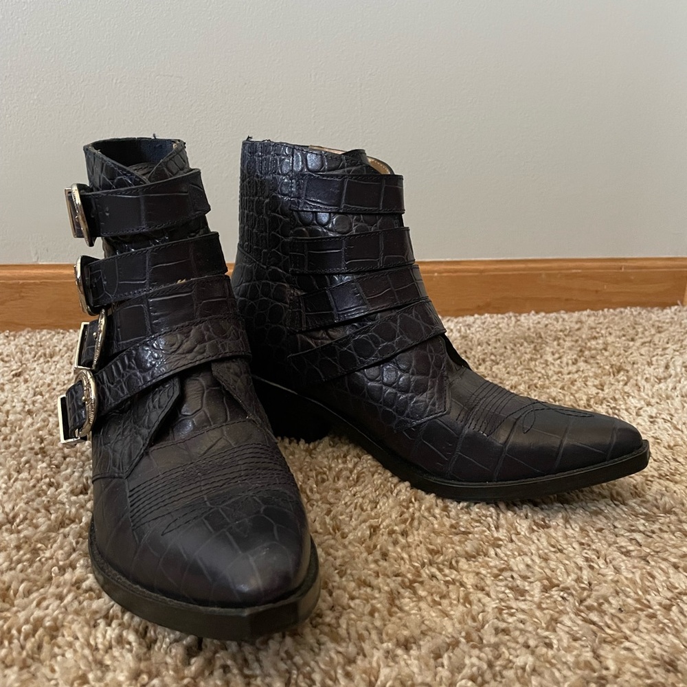 Toga Pulla Navy Blue Snakeskin Buckle Pointed Toe Bootie Size 38